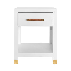 ONE DRAWER SIDE TABLE WITH RATTAN WRAPPED HANDLE IN MATTE WHITE LACQUER