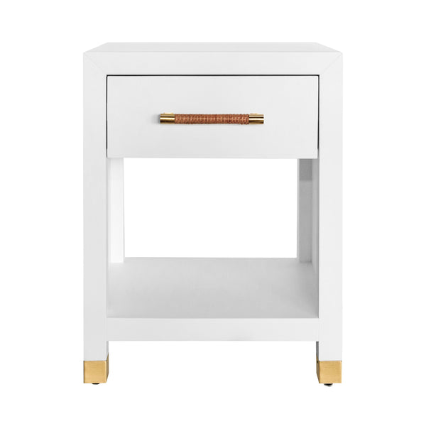 ONE DRAWER SIDE TABLE WITH RATTAN WRAPPED HANDLE IN MATTE WHITE LACQUER