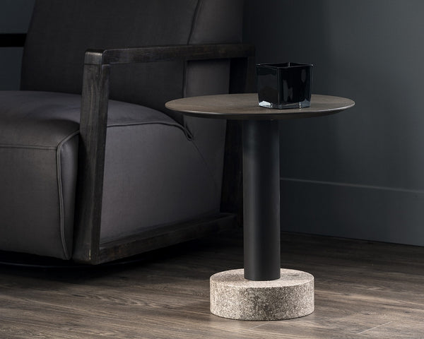 Monaco End Table - Black - Light Grey Marble / Raw Umber