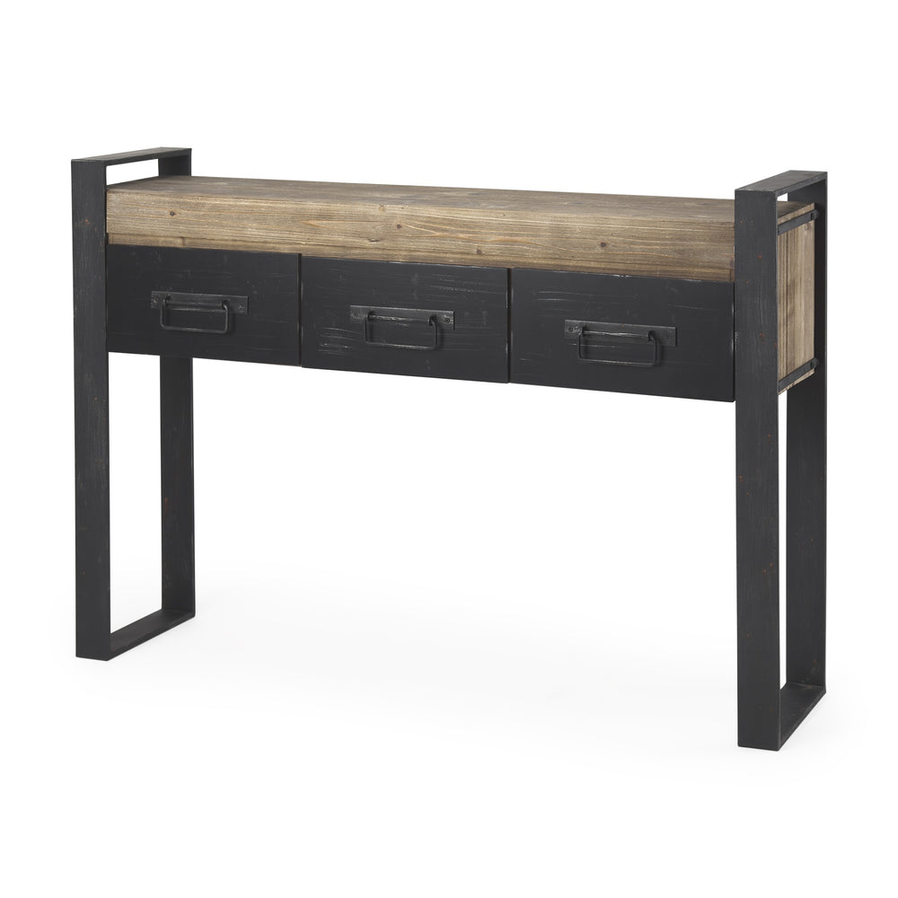 Carga 48L x 12W Black Metal Frame Brown Wooden Top Console Table W/Storage