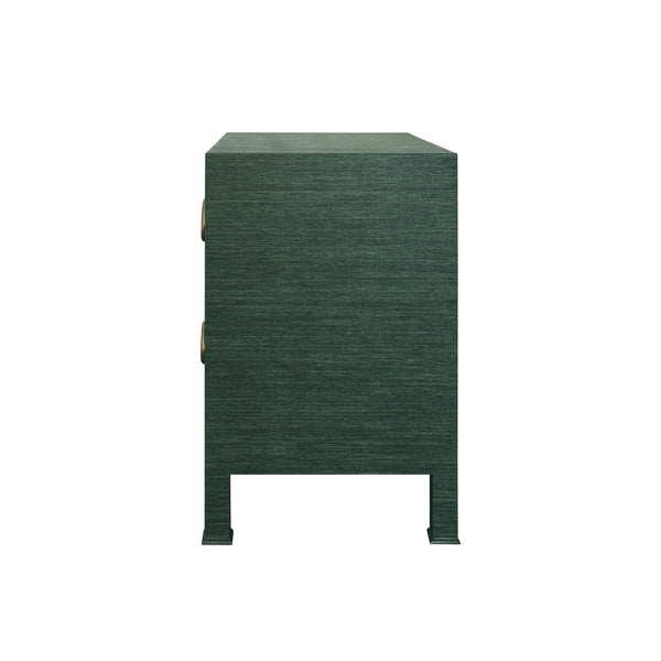 TWO DRAWER SIDE TABLE WITH ANTIQUE BRASS CIRCLE HARDWARE IN DYED GREEN GRASSCLOTH