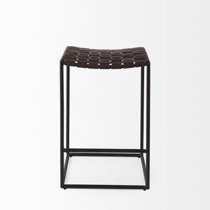Clarissa 18.0L x 16.0W x 26.25H Dark Brown Woven Leather Seat W/ Black Iron Frame Counter Stool