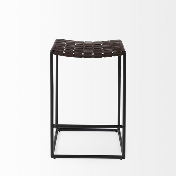 Clarissa 18.0L x 16.0W x 26.25H Dark Brown Woven Leather Seat W/ Black Iron Frame Counter Stool