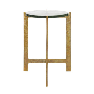 ROUND SIDE TABLE WITH HAMMERED BRASS BASE AND THICK POURED GLASS TOP