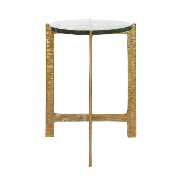 ROUND SIDE TABLE WITH HAMMERED BRASS BASE AND THICK POURED GLASS TOP