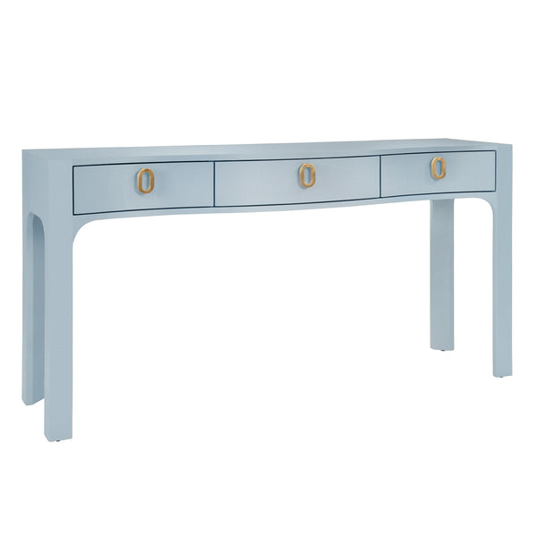 CURVED FRONT CONSOLE WITH THREE DRAWERS IN TEXTURED LIGHT BLUE LINEN WITH SATIN BRASS RING HARDWARE AND GLASS TOP