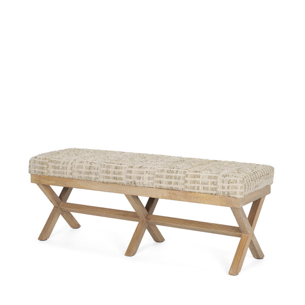 Solis II 50L x 16W Brown Base Beige Woven Leather Cushion Accent Bench