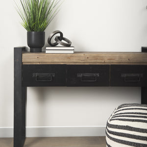 Carga 48L x 12W Black Metal Frame Brown Wooden Top Console Table W/Storage