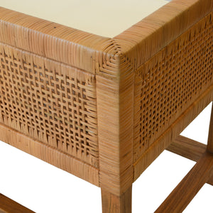 CANE BENCH WITH LOW SEAT BACK AND IVORY LINEN CUSHION