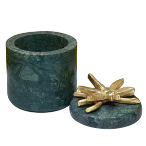 GREEN MARBLE CONTAINER WITH BRASS DRAGONFLY TOP
