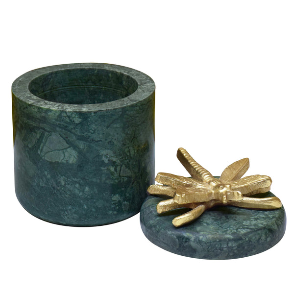 GREEN MARBLE CONTAINER WITH BRASS DRAGONFLY TOP