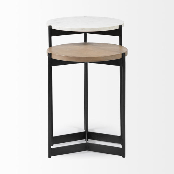 Larkin II Marble and Medium Brown Wood Round Tabletop Nesting End/Side Tables
