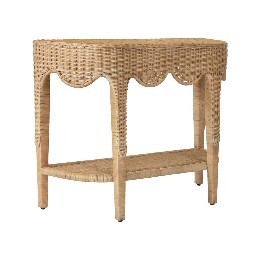 SCALLOPED TOP DEMI LUNE CONSOLE IN WOVEN RATTAN WITH OPEN SHELF