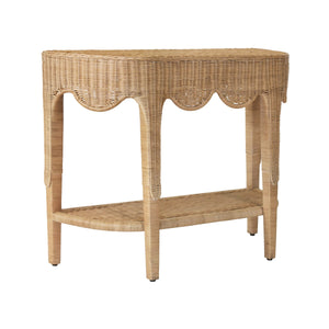 SCALLOPED TOP DEMI LUNE CONSOLE IN WOVEN RATTAN WITH OPEN SHELF