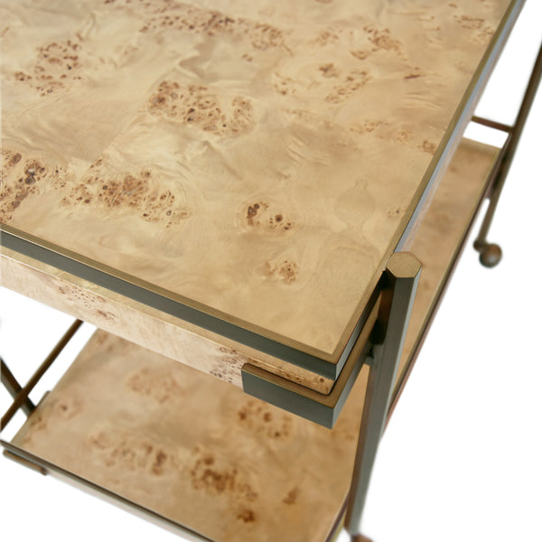 ANTIQUE BRASS BAR CART WITH SHELVES IN BURL WOOD