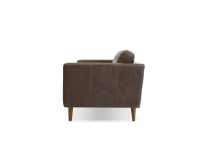 Baldwin sofa in vintage chocolate with wood legs and teak oak stain