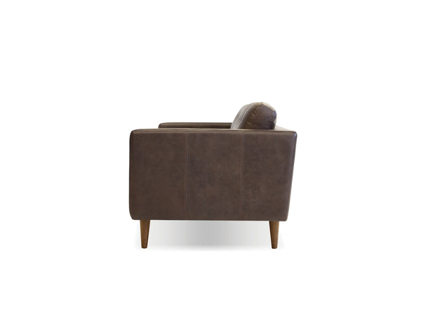 Baldwin sofa in vintage chocolate with wood legs and teak oak stain