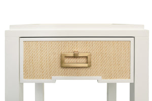 ONE DRAWER SIDE TABLE WITH MATTE WHITE LACQUER FRAME AND NATURAL GRASSCLOTH DRAWER FRONTS