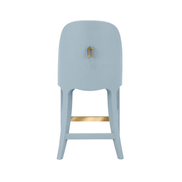 CURVED COUNTER STOOL WITH SATIN BRASS RING HARDWARE ON BACK IN PERFORMANCE WHITE LINEN UPHOLSTERY AND TEXTURED LIGHT BLUE LINEN FRAME