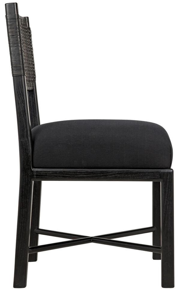 Lobos Sungkai and Mindi Chair with Woven Leather Backrest in Charcoal Black with Black Cotton Upholstery