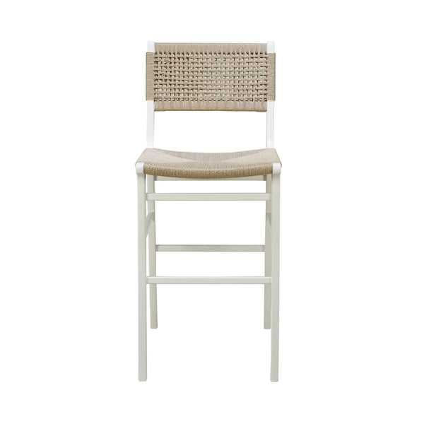 WOVEN BACK BAR STOOL WITH RUSH SEAT IN MATTE WHITE LACQUER