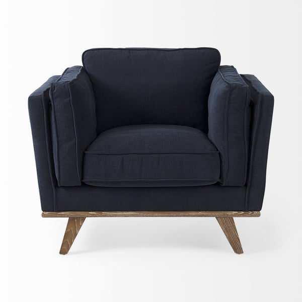 Brooks 41.7L x 34.8W x 33.5H Navy Blue Fabric Chair W/ Medium Brown Wooden Legs