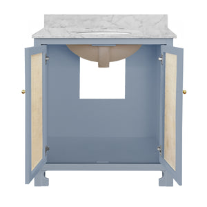 BATH VANITY IN MATTE LIGHT BLUE LACQUER WITH CANE FRONT DOORS, WHITE MARBLE TOP, PORCELAIN SINK, AND POLISHED BRASS KNOBS