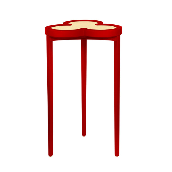CLOVER CIGAR TABLE WITH REVERSIBLE LACQUER AND NATURAL GRASSCLOTH TOP IN MATTE RED LACQUER