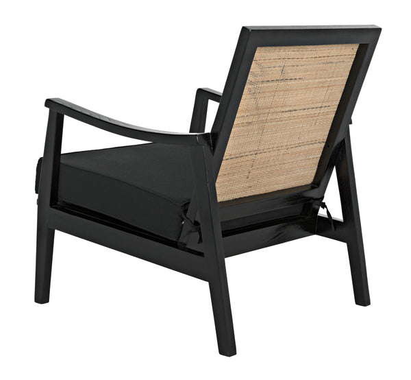 Lichtenstein Sungkai and Mindi Wood Chair with Peeled Rattan Detailing in Charcoal Black with Black Cotton Upholstery