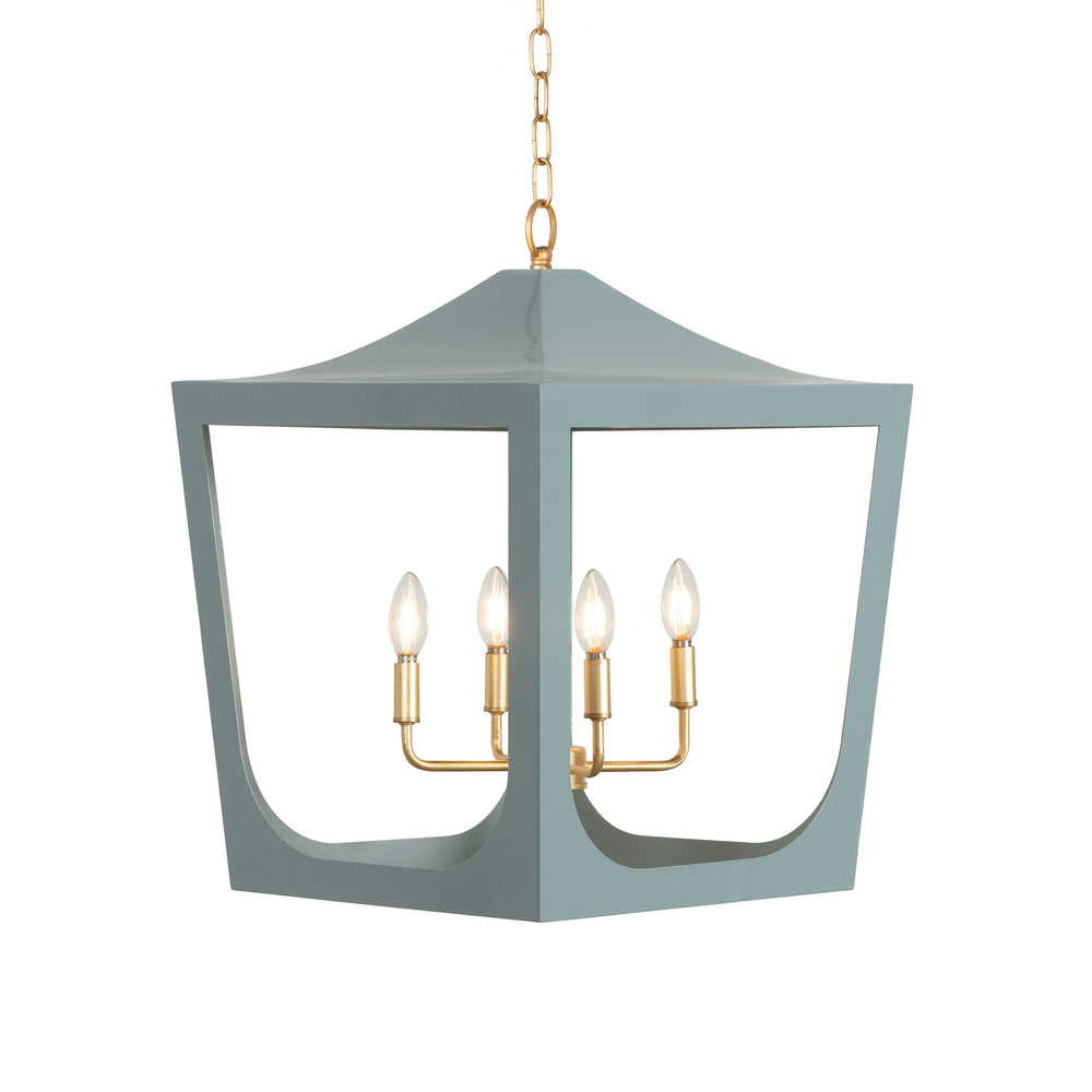 MODERN PAGODA LANTERN WITH FOUR LIGHT GOLD LEAF CLUSTER, BODY IN LIGHT BLUE POWDER COAT