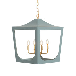 MODERN PAGODA LANTERN WITH FOUR LIGHT GOLD LEAF CLUSTER, BODY IN LIGHT BLUE POWDER COAT