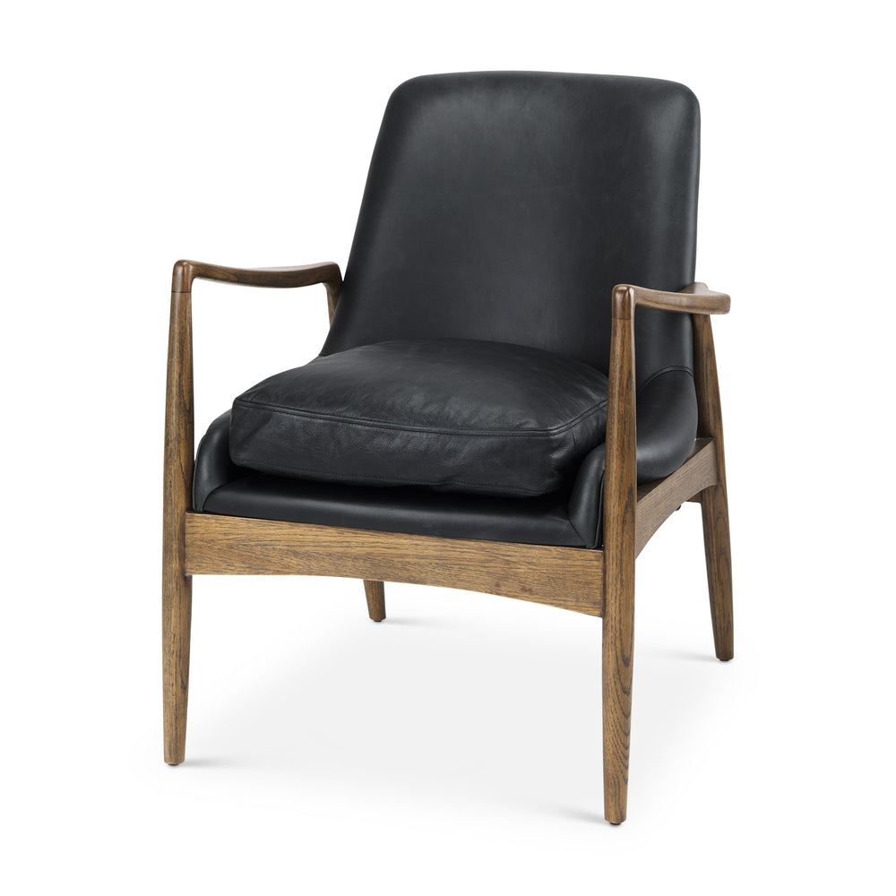 Westan Black Genuine Leather W/Medium Brown Wood Accent Chair