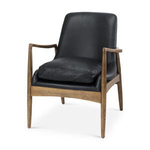 Westan Black Genuine Leather W/Medium Brown Wood Accent Chair