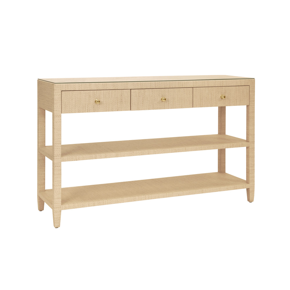 THREE DRAWER CONSOLE WITH TWO OPEN SHELVES IN NATURAL GRASSCLOTH WITH POLISHED BRASS KNOBS