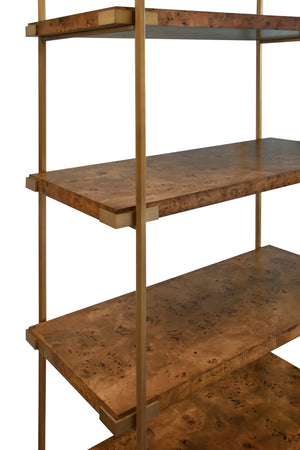 ANTIQUE BRASS ETAGERE WITH SHELVES IN DARK BURL WOOD