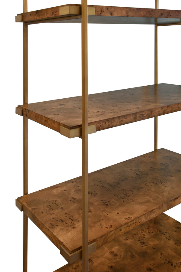 ANTIQUE BRASS ETAGERE WITH SHELVES IN DARK BURL WOOD
