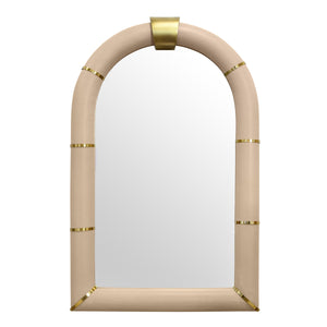 ARCHED FAUX IVORY LEATHER MIRROR WITH ANTIQUE BRASS DETAILS