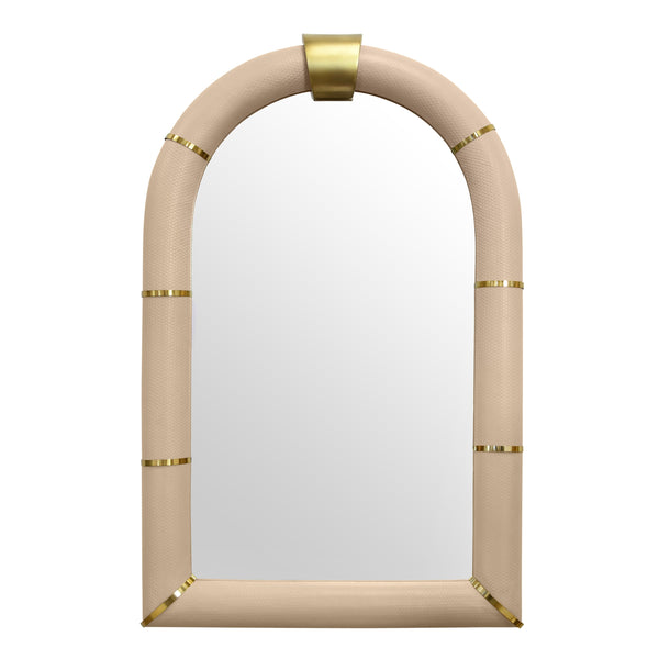 ARCHED FAUX IVORY LEATHER MIRROR WITH ANTIQUE BRASS DETAILS