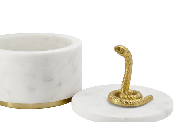 WHITE MARBLE CONTAINER WITH BRASS SNAKE TOP AND BOTTOM BRASS RIM