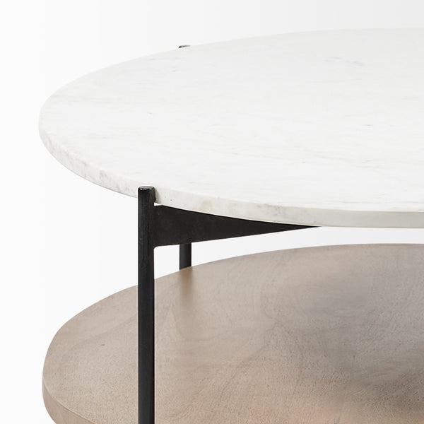 Larkin 48" Oval White Marble Top and Solid Wood Shelf w/ Black Metal Frame Coffee Table