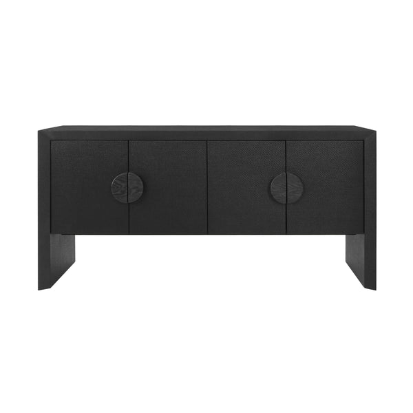 FOUR DOOR BUFFET IN BLACK PAINTED GRASSCLOTH WITH BLACK OAK HANDLES