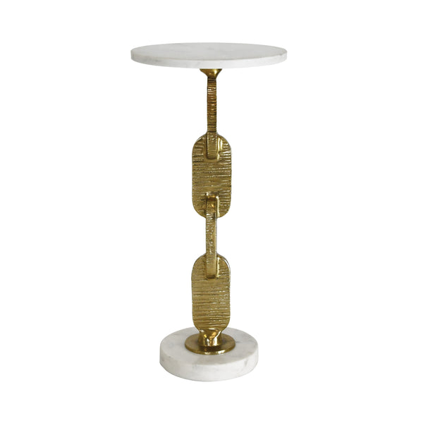 ROUND CIGAR TABLE WITH INTERLOCKING HAMMERED BRASS BASE AND WHITE MARBLE TOP
