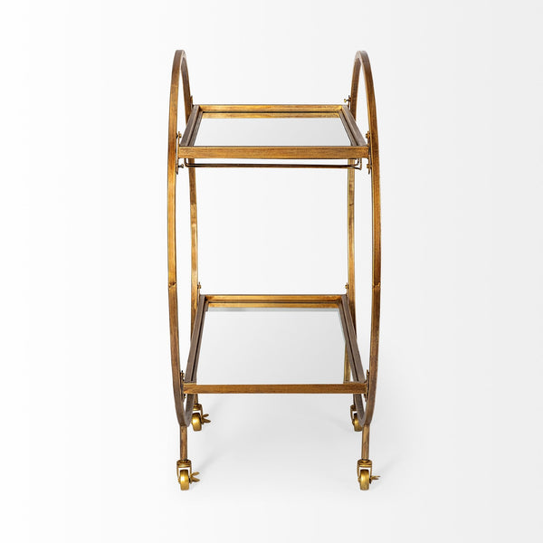Carola Gold Frame Two-Tier Glass Shelves w/Stemware Holder Bar Cart