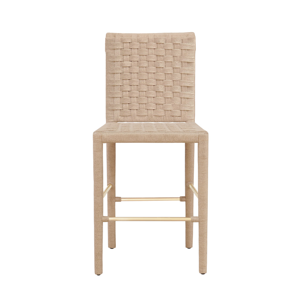 NATURAL ROPE BASKETWEAVE PATTERN COUNTER STOOL WITH ANTIQUE BRASS STRETCHER