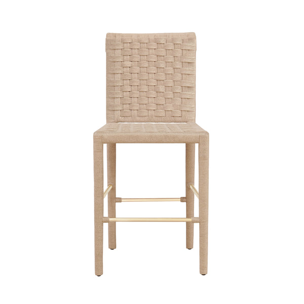NATURAL ROPE BASKETWEAVE PATTERN COUNTER STOOL WITH ANTIQUE BRASS STRETCHER