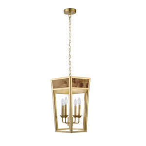 4-LIGHT HEXAGON PENDANT WITH GOLD METAL FRAME AND INSET BURL WOOD