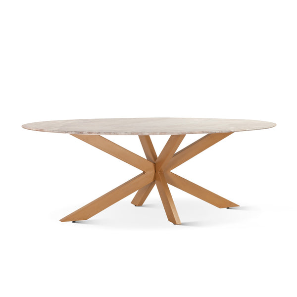 Malibu 90" Iron and Marble Oval Dining Table, Sawar Marble, Antique Gold