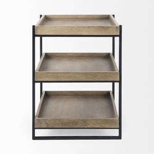 Trey III 20" x 26" Square Medium Brown Wooden Three-Tiered Black Iron Frame End/Side Table