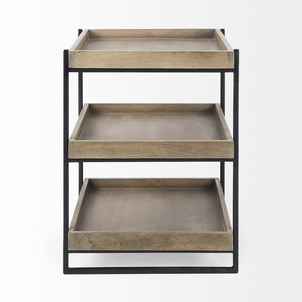 Trey III 20" x 26" Square Medium Brown Wooden Three-Tiered Black Iron Frame End/Side Table