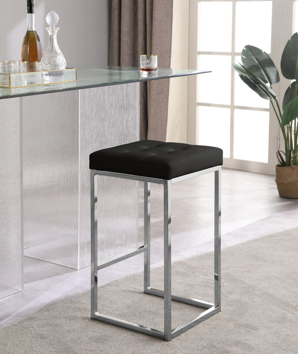 Pearl Stool In Black Faux Leather and Chrome